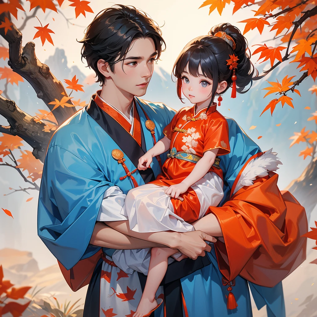 A one-year-old baby boy in an ancient Chinese baby costume with his beautiful mother, dressed in an ancient Chinese costume, The backdrop is a mountain that turns orange-red in spring, and maple leaves fall from the trees, playing with each other, with his handsome father standing next to his mother, close up.
