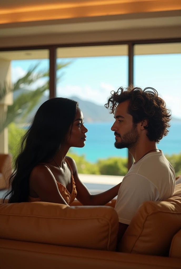 african girl, 19 ans, long black hair, looking into the eyes of a white guy, good looking, shaggy hair,sitting in a large luxury modern living room, tan furniture, natural lighting, day, panoramic view of Hawaii out of the window, wearing zimmermann, detailed, hd, interracial
