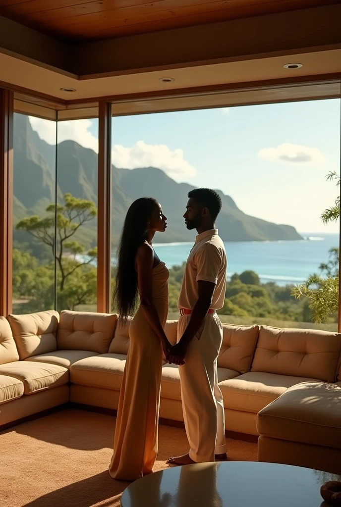 african girl, 19 ans, long black hair, looking into the eyes of a white guy, good looking, shaggy hair,sitting in a large luxury modern living room, tan furniture, natural lighting, day, panoramic view of Hawaii out of the window, wearing zimmermann, detailed, hd, interracial