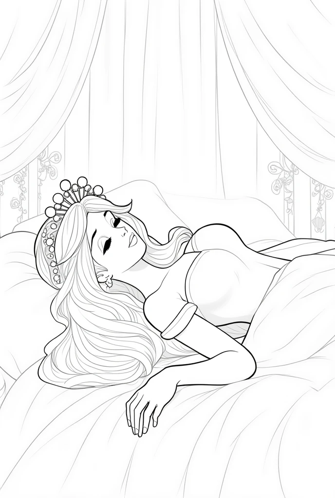 Sleeping Beauty cartoon, lying on her back on the bed, showing a crown, in black and white line drawings.