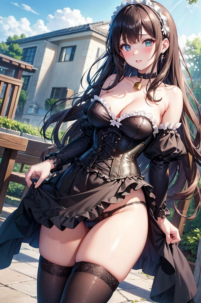 A beautiful girl in a corset and stockings posing for a photo, anime girl, flower garden with wooden benches, blue sky with white clouds, big rounds breasts, choker with bell, strapless corset, thigh highs, lace panties, cute round buttocks, she turns back, beautiful detailed face and eyes, perfect anatomy, dark brown hair, long bangs, long hair, wavy hair, expressive hair, shiny hair, tied hair, hairclip, jewelry, ta hairband, aqua eyes, glowing eyes, pupils sparkling, earrings, red lips , glossy lips, shy, embarrassed, blush, nervous, high detail, anime, anime style, cinematic lighting, image fill, framed, head out of frame, pov, multiple views, perspective, panorama, lens flare, Wide-Angle, f/1.8, 85mm, Nikon, from behind, 8k, super detail, UHD, retina, masterpiece, accurate, anatomically correct, textured skin, high details, best quality, highres, 16k