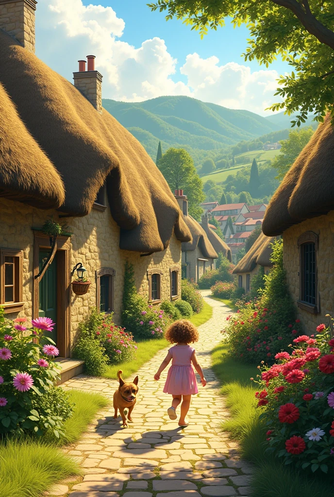 Village Setting
Prompt: A quaint village with rolling green hills, traditional houses with thatched roofs, and blooming flowers. A with short hair and a playful dog are seen exploring the village. The scene is bathed in soft, warm sunlight.