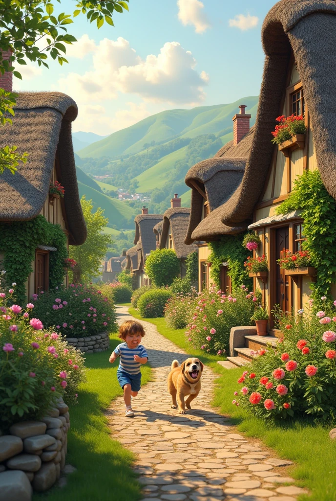 Village Setting
Prompt: A quaint village with rolling green hills, traditional houses with thatched roofs, and blooming flowers. A with short hair and a playful dog are seen exploring the village. The scene is bathed in soft, warm sunlight.
