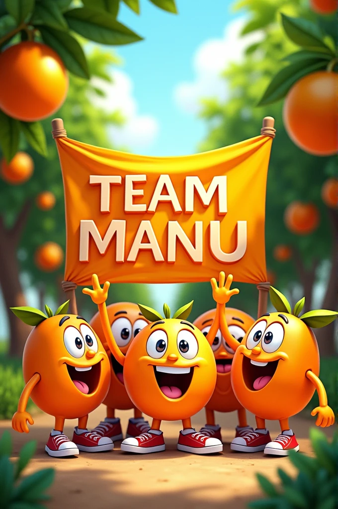Cartoon of oranges with a sign that says team manu