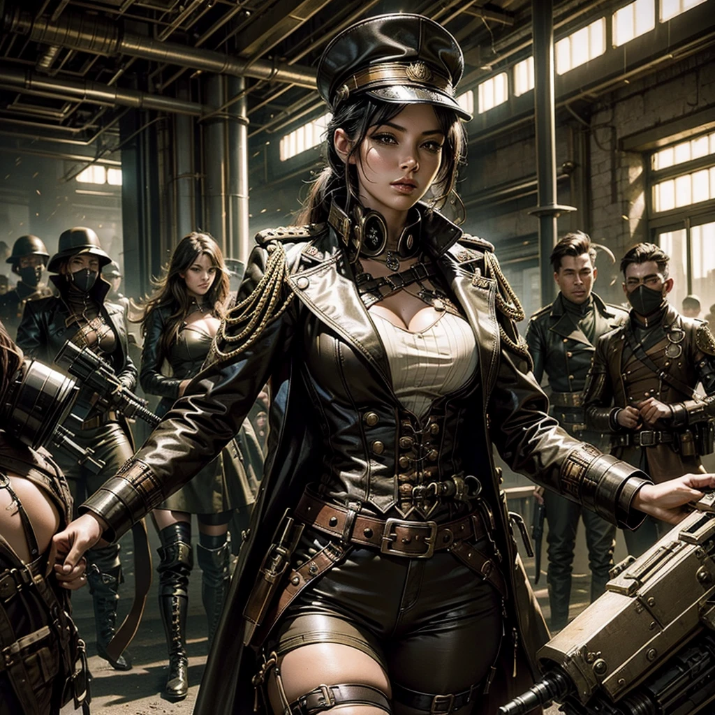 A sexy woman in a steampunk military uniform on a battlefield giving orders to the troops steampunk,dynamic, photo-realistic,hyper-detailed