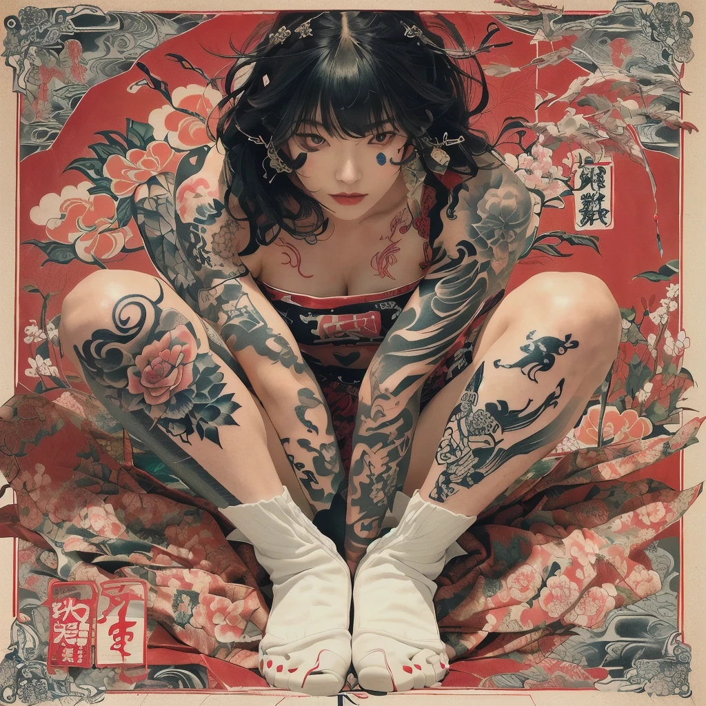 A woman with a tattoo sits on the red carpet., 花柄のtattooで覆われた体, Yakuza Slim Girl, Tattoo styles, Taiwanese girl with tattoos, tattoo pinup, 東洋のtattoo, Ink style, Inked, Neotraditional tattoos, Full skin tattoo, shohei otomo, tattoo art, By Yoshihiko Wada, Inspired by Tadanori Yokoo, tattoo