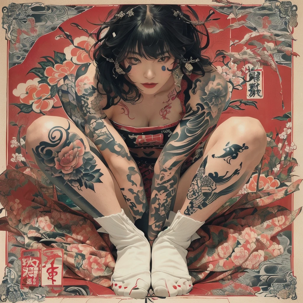 A woman with a tattoo sits on the red carpet., 花柄のtattooで覆われた体, Yakuza Slim Girl, Tattoo styles, Taiwanese girl with tattoos, tattoo pinup, 東洋のtattoo, Ink style, Inked, Neotraditional tattoos, Full skin tattoo, shohei otomo, tattoo art, By Yoshihiko Wada, Inspired by Tadanori Yokoo, tattoo