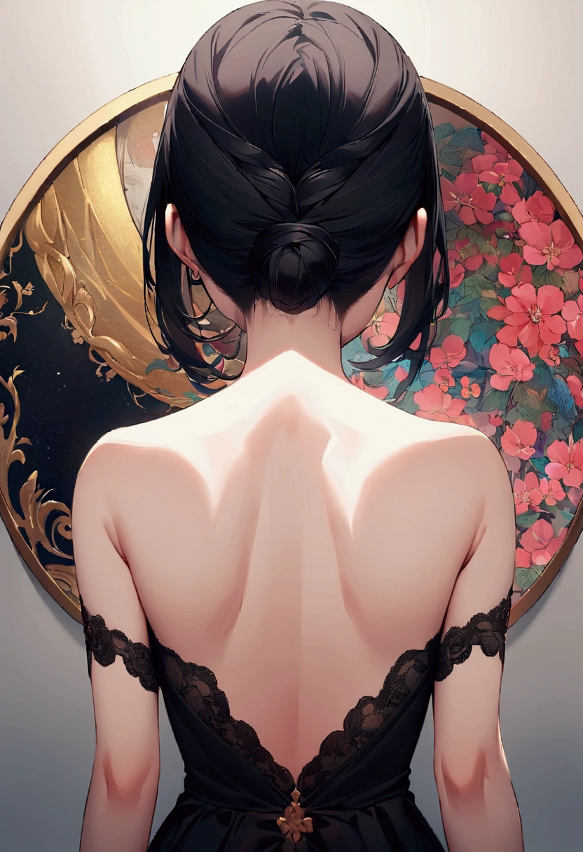 woman, naked, back, Tie up your hair, Plain black background