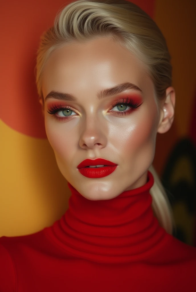 Red make-up, red lipstick, slicked back Blond hair, Detailed Face, Detailed Lips, Detailed Eyes,