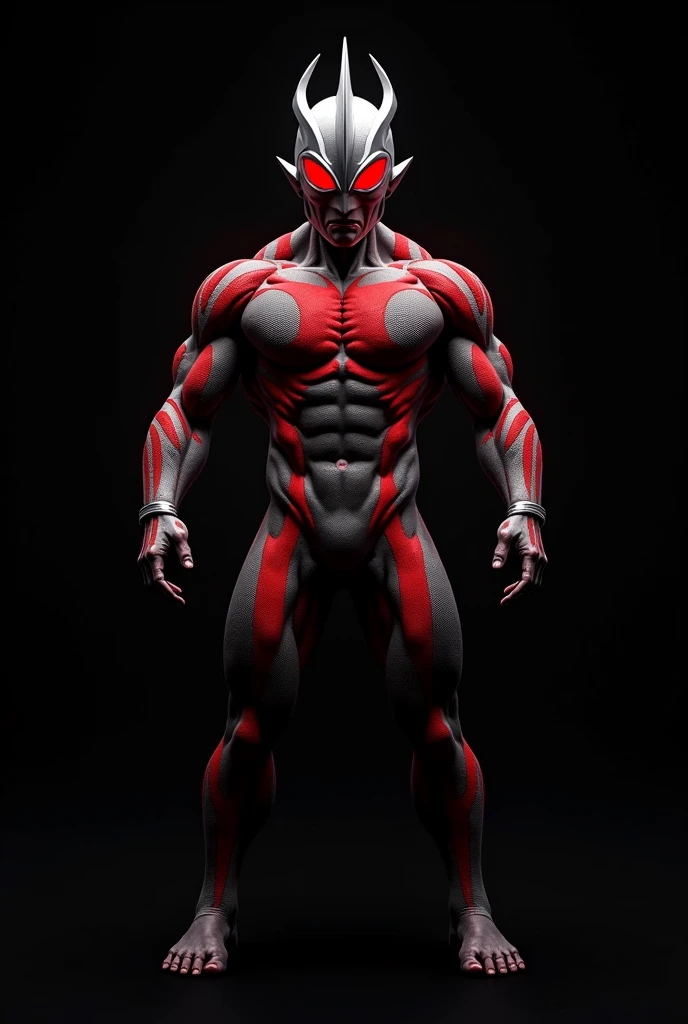 Evil Ultraman、Excessive muscle mass in the whole body、RAW Photos、Matte texture、Red pattern on a black background、Red eyes、Color Timer