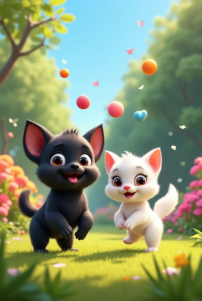 Animation small Black dog & small white cat with human bing