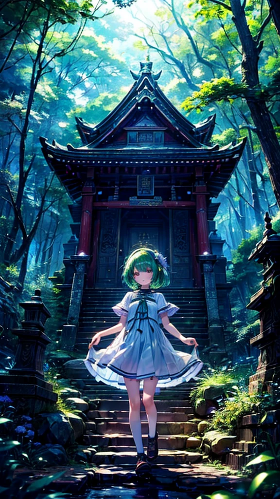 Deep woods、temple、Emerald Hair、My bangs get in my eyes、Shortcuts、White dress、14age、Girl