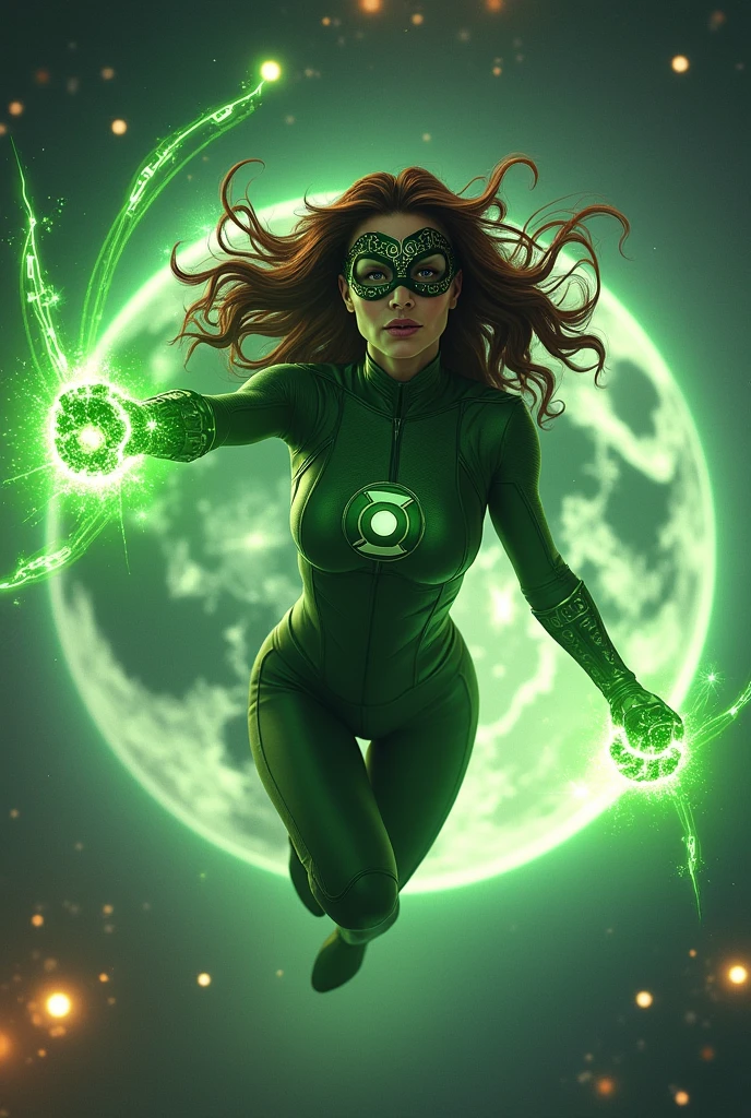 Green Lantern brunette woman flying towards a planet,beautiful,royal with his power ring shining,with a mask throwing rays from his ring