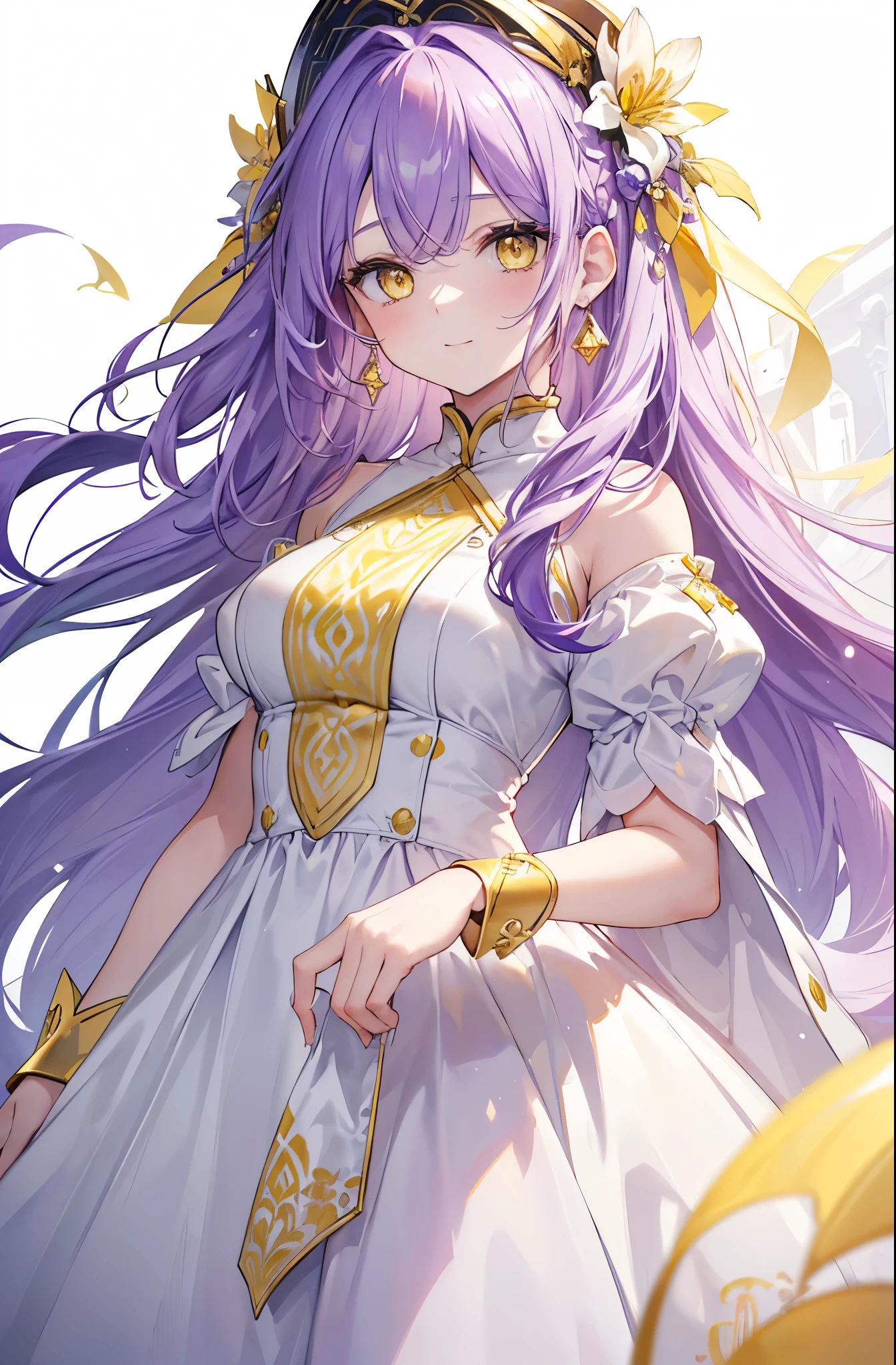 {{masterpiece}}, The best quality of life, 超High resolution, Attention to detail, high quality, High resolution, 最high quality, 4K, 8k,Attention to detail,((Purple long hair、Dye the inside of your hair white、Side-swept bangs)、The forehead is visible) 、 Cute female, 、One woman、(((Yellow Eyes、Yellow eyes、Beautiful attention to detail,A woman with beautiful eyes)))、Expressionless adult woman、((White background))、(((White Dress)))、standing smiling、Cute Smile、Earrings