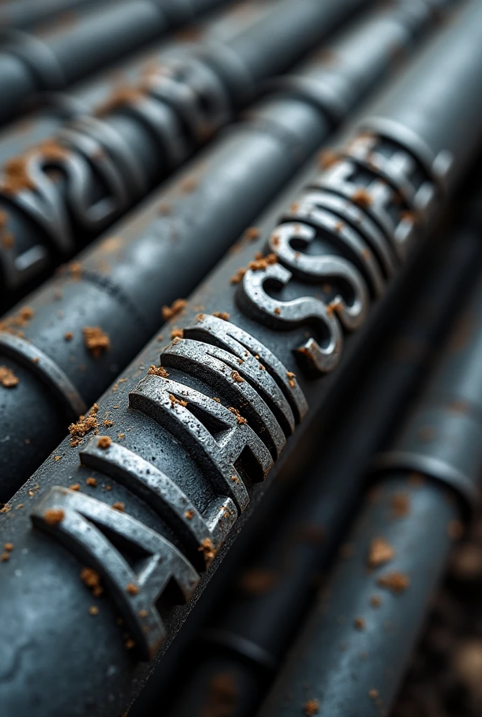 Generate a high-quality, detailed image of a steel rebar (sariya) with visible ribs running along its length. The rebar should have the text "ALAM STEEL" embossed deeply into the surface, in bold, industrial-style lettering that wraps around the rebar's curvature. The ribs should be pronounced, following the spiral pattern typical of reinforced steel bars. The text "ALAM STEEL" should look like it's been stamped or engraved into the metal, maintaining a strong, durable appearance, with the metallic texture and sheen clearly visible. Ensure that the overall design of the rebar reflects the realistic look of a construction-grade steel rod with all the characteristic features.