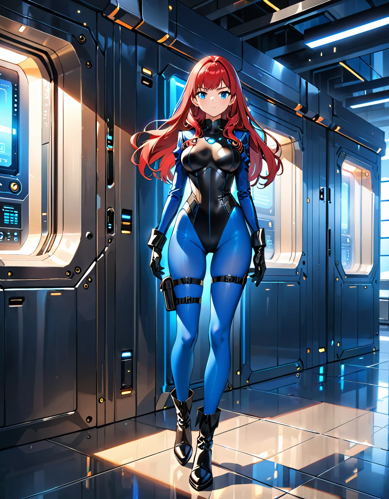 masterpiece, highly detailed, best quality, high quality, 1girl, red hair, blue eyes, (solo, solo focus), beautiful detailed eyes, beautiful detailed face, (perfect hands, complete fingers), perfect anatomy, perfect proportions, detailed shadows, detailed light, ((black leotard, blue long sleeves, perfect fit, black gloves)), ((thigh holster, thigh strap)), ((full blue pantyhose)), ((black boots, ankle boots, matching boots)), full body, serious expression, full body costume design. hi-tech spy building, indoors. Soft lighting.