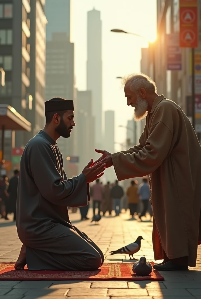 A realistic image of a modern. A Muslim praying man and a poor old man asking him to pray