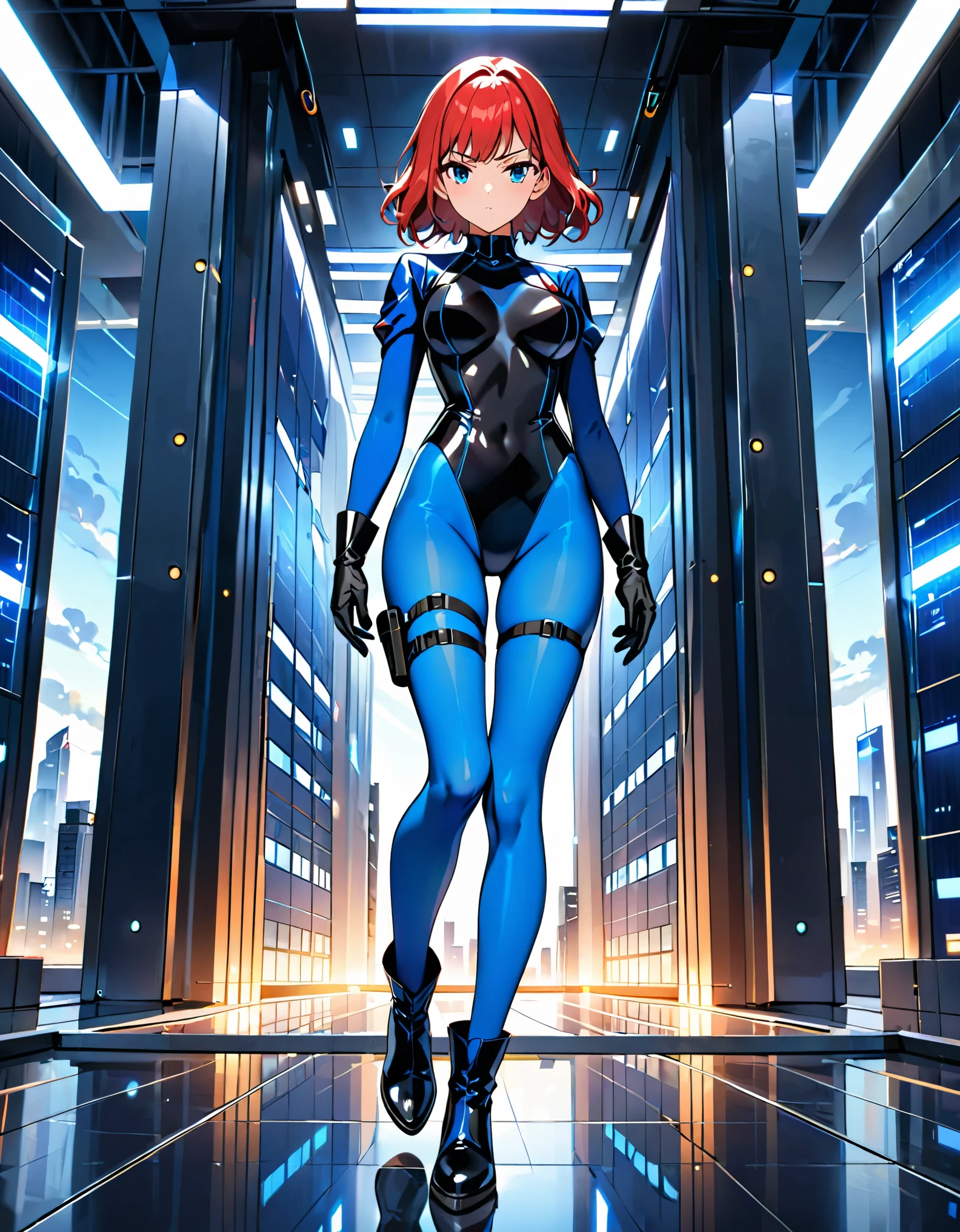 masterpiece, highly detailed, best quality, high quality, 1girl, red hair, blue eyes, (solo, solo focus), beautiful detailed eyes, beautiful detailed face, (perfect hands, complete fingers), perfect anatomy, perfect proportions, detailed shadows, detailed light, ((black leotard, blue long sleeves, perfect fit, black gloves)), ((thigh holster, thigh strap)), ((full blue pantyhose)), ((black boots, ankle boots, matching boots)), full body, serious expression, full body costume design. hi-tech spy building, indoors. Soft lighting.