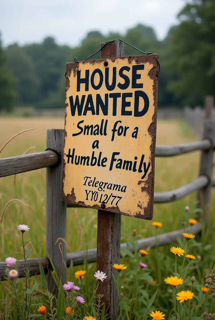 An old sign that says, House wanted, small for a humble family, telegrama YYO12777