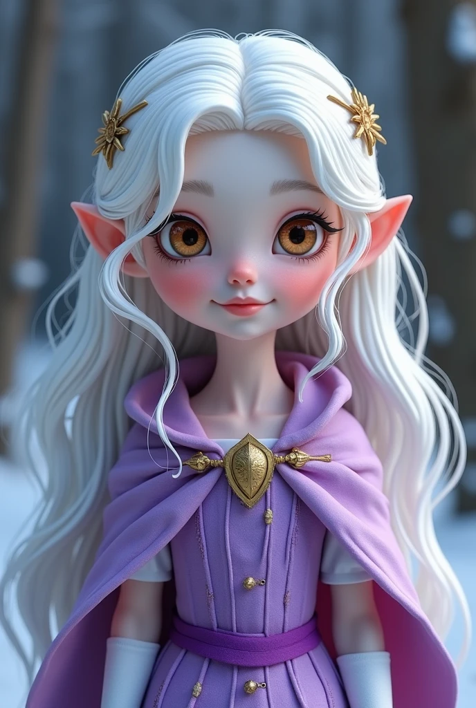 8  girl with pale white skin, long snow white hair, Honey eyes, wearing a purple princess dress with cape