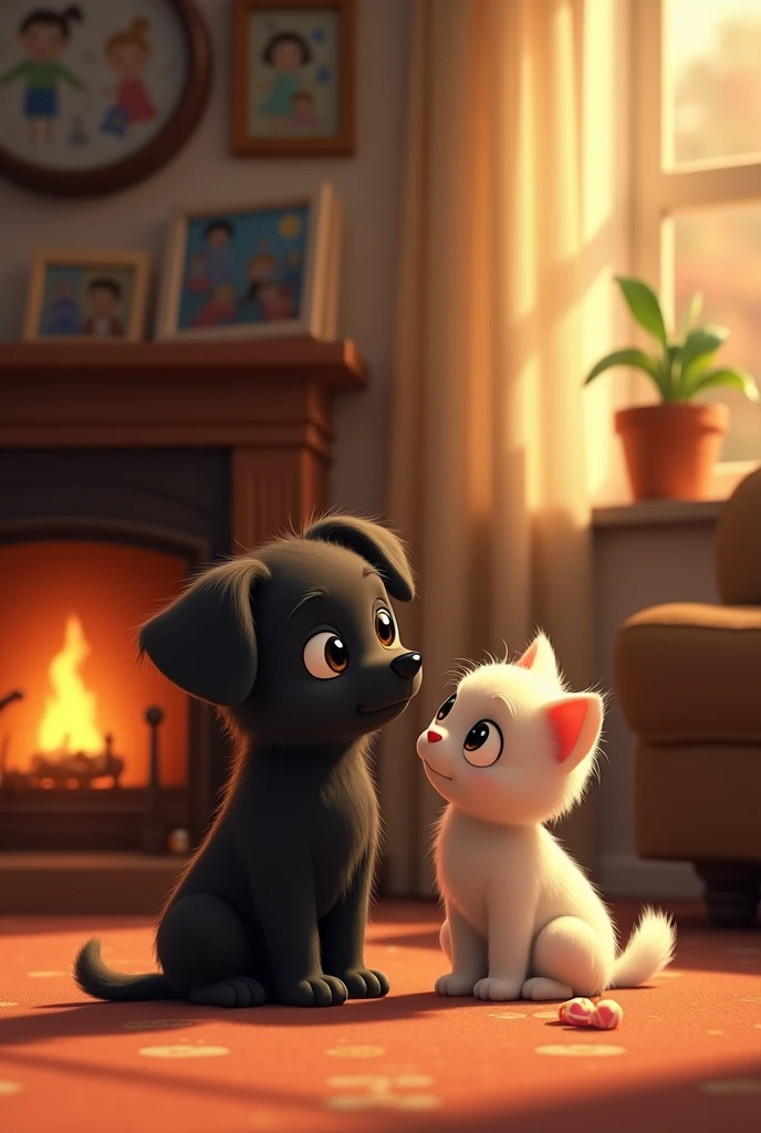 Sad Animation small Black dog & small white cat with human bing
