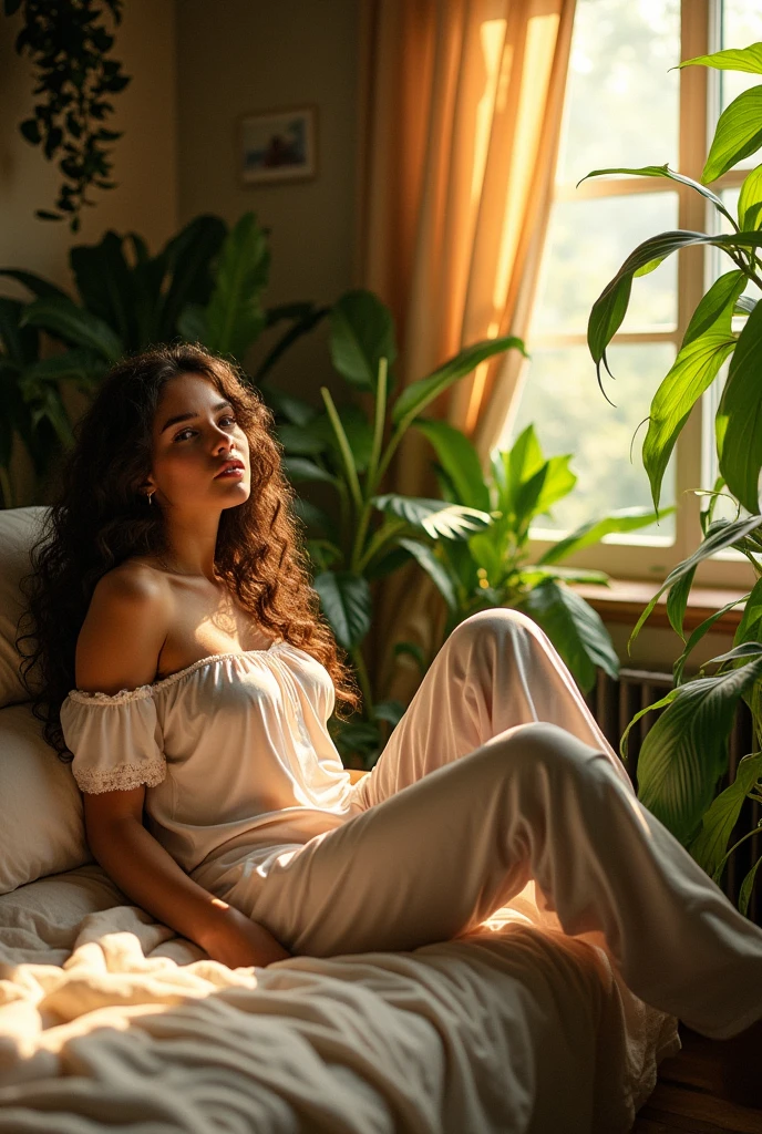 (photorealism:1.2), beautiful woman, sitting on bed, wearing loose off-shoulder top, pajama pants, long curly hair, indoors, soft lighting, plants in background, window with sunlight, cozy room, relaxed pose, realistic, intricate details, warm colors, by Greg Rutkowski, by Alphonse Mucha