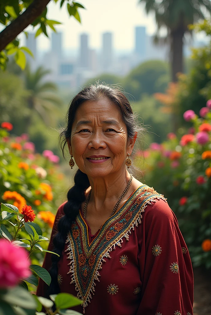Teresa Maguina,, an incredible grandmother standing for the Philippines,
(best quality,4K,8ก,height,Masterpiece:1.2),Very detailed,(realistic,photorealistic,photo-realistic:1.37),HDR,UHD,studio lighting,ภาพวาดที่Very detailed,Sharp focus,Physical rendering,คำอธิบายรายVery detailed,professional,bright colors,Bokeh,high definition, the courageous grandmother,, Teresa Maguina,, standing proudly in the heart of the Philippines,. her eyes reflect wisdom and determination,, with depth,, brown irises glowing with resilience,. Beautifully detailed eyes, Long eyelashes, and captivating eyes,.
Teresa's face bears the marks of a life well lived,, with lines etched from wisdom and years of experience,. her lips,, weathering with time,, part of it is a gentle smile that radiates warmth and kindness,. beautiful and detailed lips with an expression that speaks of kindness,.
surrounded by lush greenery,, Teresa stands amidst a vibrant garden,, bursting with colorful flowers and towering trees,. Sunlight shines through the leaves., Handsome and gentle,, the warm light on her face,. The landscape is filled with bright colors and the beauty of nature.
Teresa wears the national dress of the Philippines,, ประดับด้วยลวดลายอันประณีตและbright colors. her clothing reflects the rich cultural heritage of the Philippines,, with intricate beadwork and delicate embroidery,. graceful flowing fabric around her,, adding movement and life to the scene,.
in the background, a panoramic view of the bustling city can be seen,, with towering skyscrapers and bustling streets,. the contrast between the cityscape and the lush garden reflects Teresa's unwavering spirit., rooted in tradition but embracing the modern world,.
The artwork is rendered in the style of a hyperrealistic portrait, capturing every subtle detail of Teresa's features,. the texture is meticulously recreated,, from the fine lines on her forehead to the creases around her eyes,. the painting is full of realism and depth,, evoking strong emotional connections,