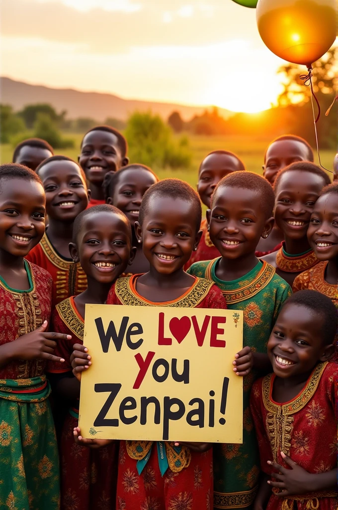 African children with a sign that says “we love you zenpai”