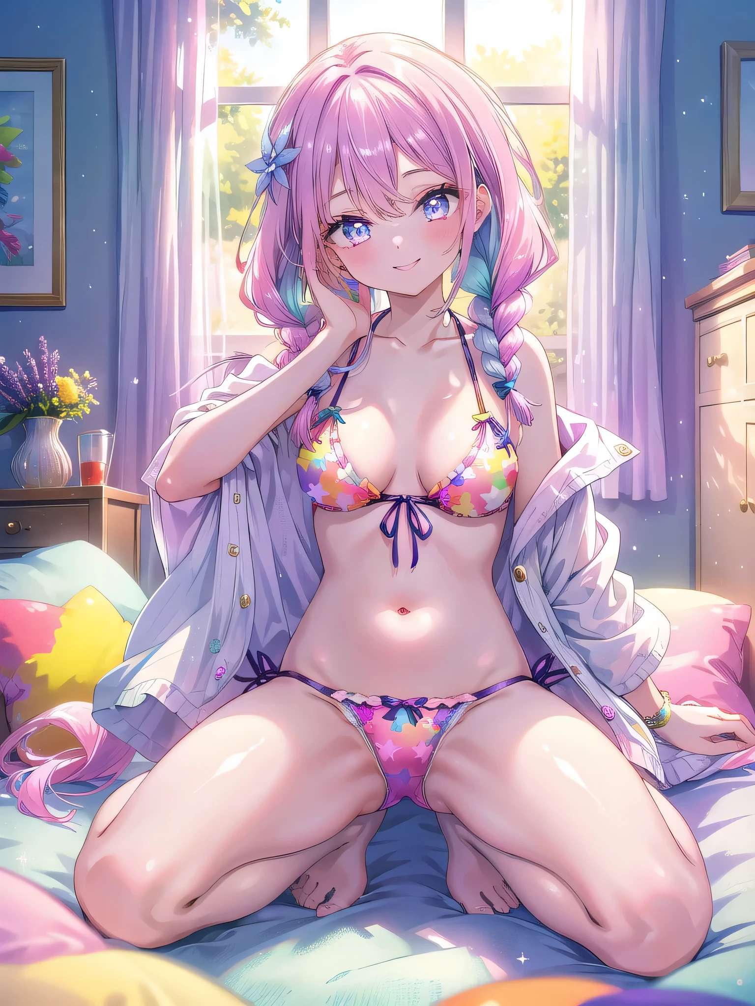 ((8k, Highest quality, masterpiece: 1.3)),Ultra-high resolution,(1 girl, alone), (Color changing eyes, Ultra-detailed, Expressive brilliance, Glitter, Glowing Eyes), Highly detailed eyes, Highly detailed face, Random Hair, ((pastel colour))A playful young woman with pastel lavender hair styled into twin braids, sitting on the floor of her bedroom during a lively afternoon. She is wearing a bright pink bikini with a deep scoop neckline that emphasizes her chest. The camera captures her from a frontal, slightly low angle as she sits in an "M" pose with (open legs:1.4), her hands playfully resting on her thighs, with a mischievous smile on her face. The room is filled with afternoon sunlight, creating a joyful and vibrant atmosphere, with colorful decor that reflects her fun and energetic personality.