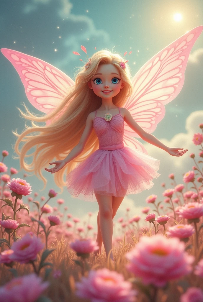 Phone wallpaper size, cartoon or anime lines, fairy, long hair, cute, friendly, charming and a little bit of astrology. Looking at it, it's a picture that heals the heart, with the sweetness of flowers in tones of pink and pastel colors. There is an emphasis on the view in the middle of the picture.