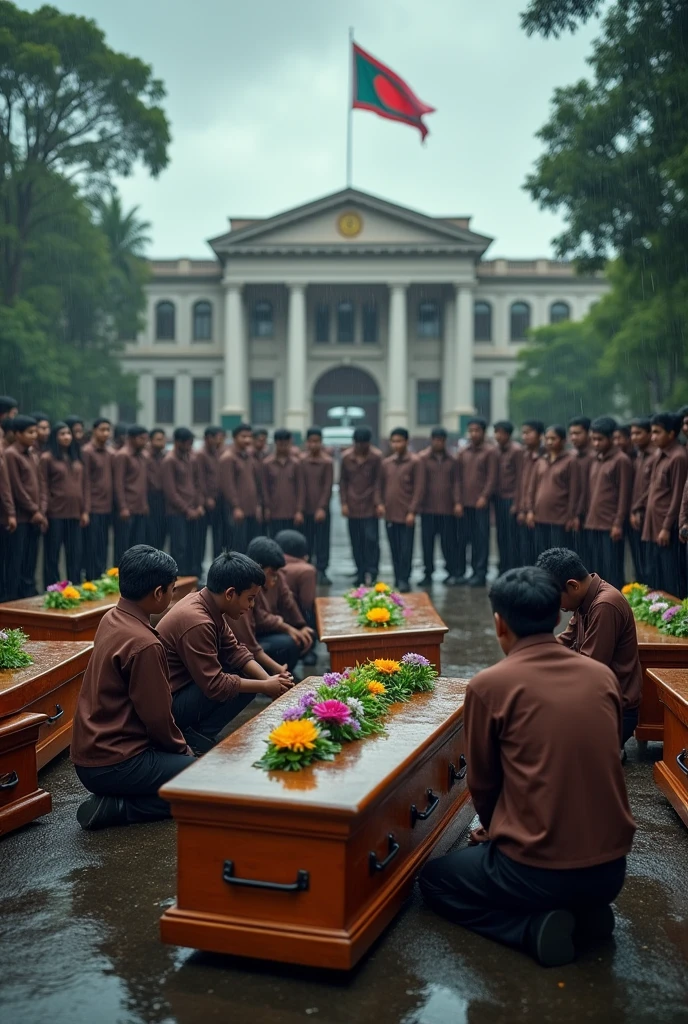 picture of some bangladeshi brown students in school-college uniform crying infront of coffins of their batchmates , with national flag nearby and banners written "Justice for HSC24"  infront of Bangladesh Education Ministry, add emotional crying scene  ,and many coffins ,and a rainy weather in a dark background