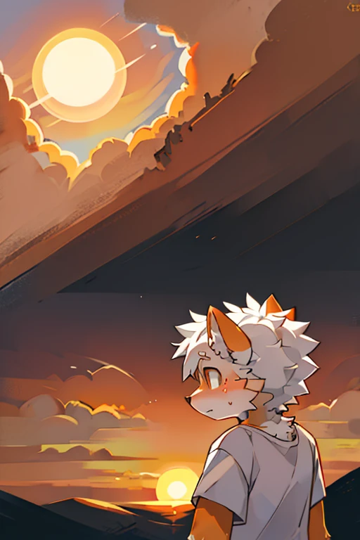 furry,fur,body fur,Solitary,male,Sad face,((Orange sunset sky,Big Sun,horizon)),Short sleeve,character focus,Face Focus,White shirt,White hair,orange fur,rest,No,No,No,No,No,No,No,No,No,No,No,No,No,No,No,No,No,No,No,No,No,No,No,No,No