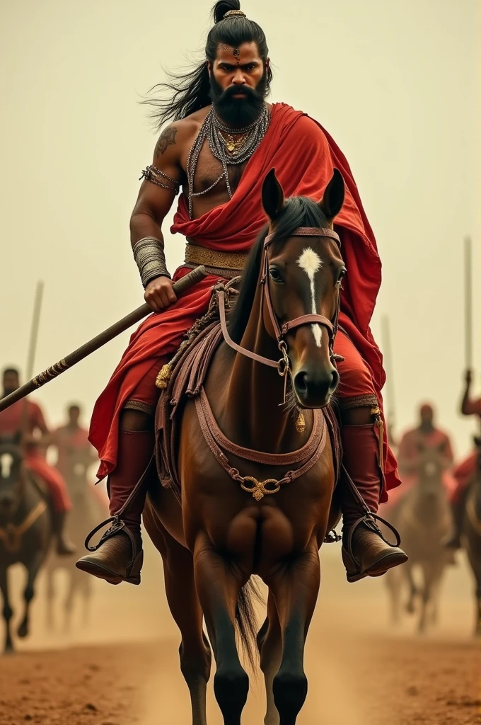 A Rajput warrior goes to fight on a horse with his wife's severed head hanging around his neck.