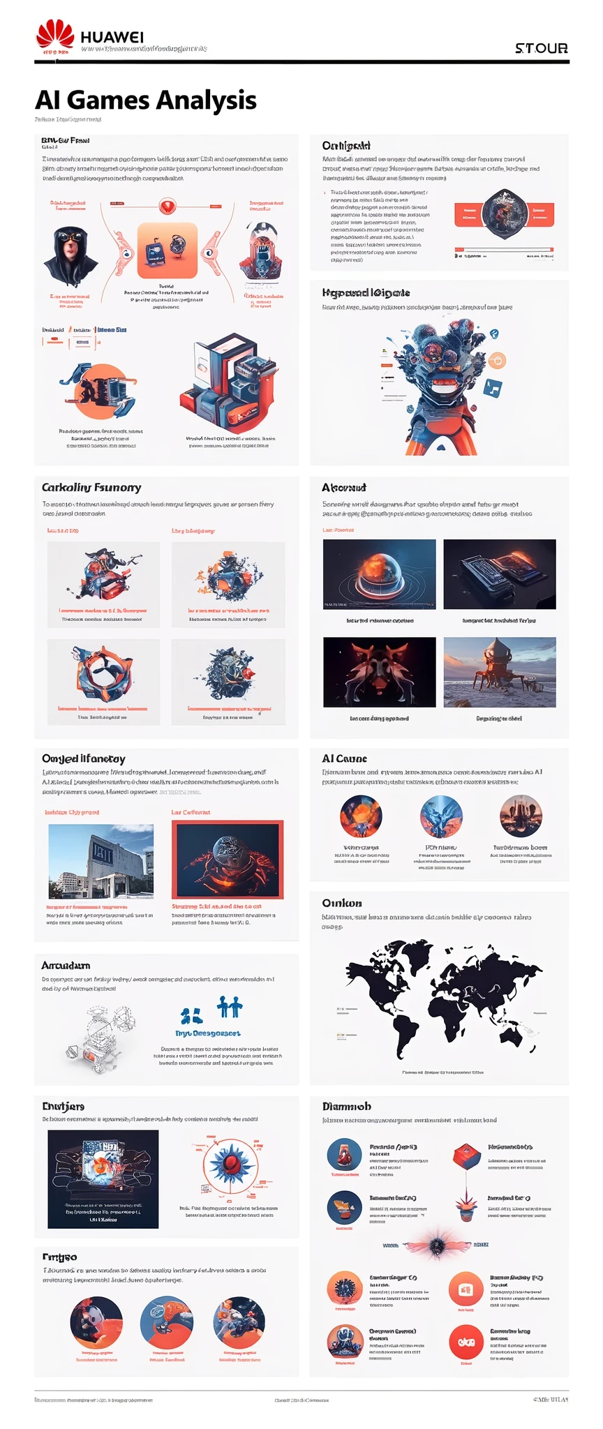Help me generate an AI game art application analysis,Similar to long PDF,Portfolio format,Don't need too many colors,Be formal,The combination of Huawei's red and technological blue,White background,Need to include typographic elements,Design elements, etc.,Novel board style,Reference dribbble,Behance and other creative websites。