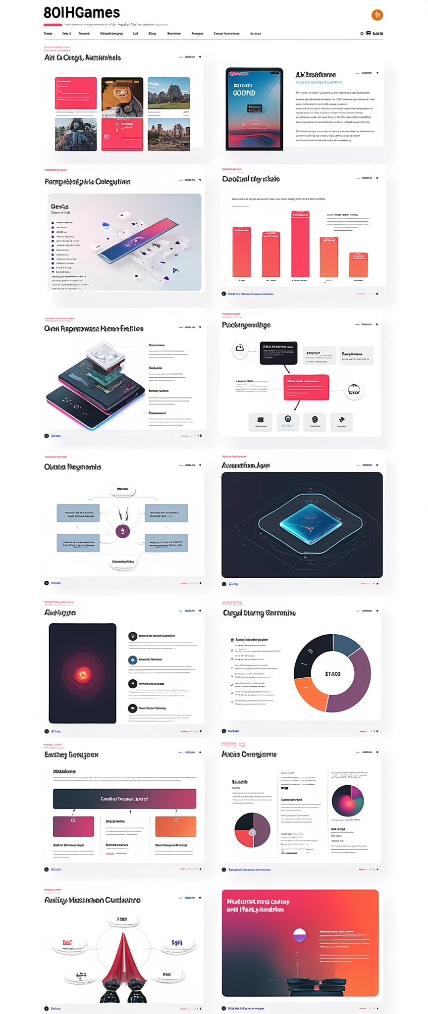 Help me generate an AI game art application analysis，Similar to long PDF，Portfolio format，Don&#39;t need too many colors，Be formal，The combination of Huawei&#39;s red and technological blue，White background，Need to include typographic elements，Design elements, etc.，Novel board style，Reference dribbble，Behance and other creative websites。