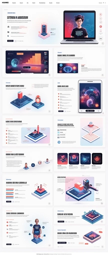 Help me generate an AI game art application analysis,Similar to long PDF,Portfolio format,Don't need too many colors,Be formal,The combination of Huawei's red and technological blue,White background,Need to include typographic elements,Design elements, etc.,Novel board style,Reference dribbble,Behance and other creative websites。