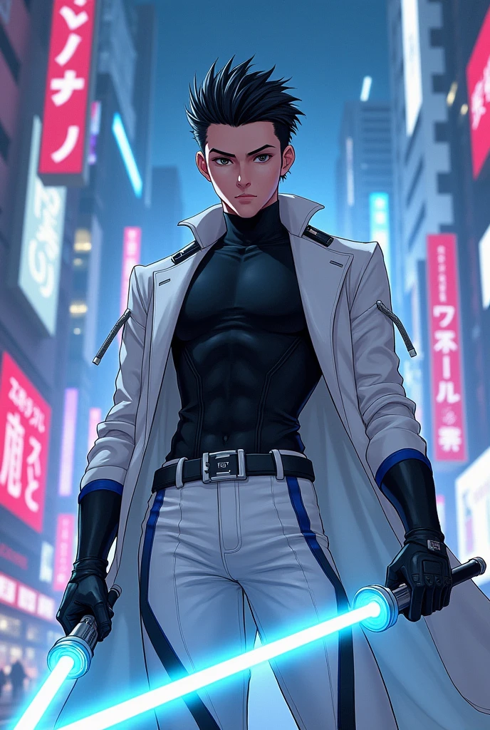 Artstyle: Anime, Cyber, Technology

Looks: Young Man, Black Eyes, Black Hair (Slicked-Back Hairstyle), Tall, Lean Body

Clothes: Futuristic, Black Turtleneck T-shirt, White leather pant (white-blue accent), White Longcoat (white-blue accent), Belt

Accessories: Futuristic Cyber Two Laser Swords (white-blue accent) held in his hands, white gauntlets (white-blue accent)

Pose: Fighting pose