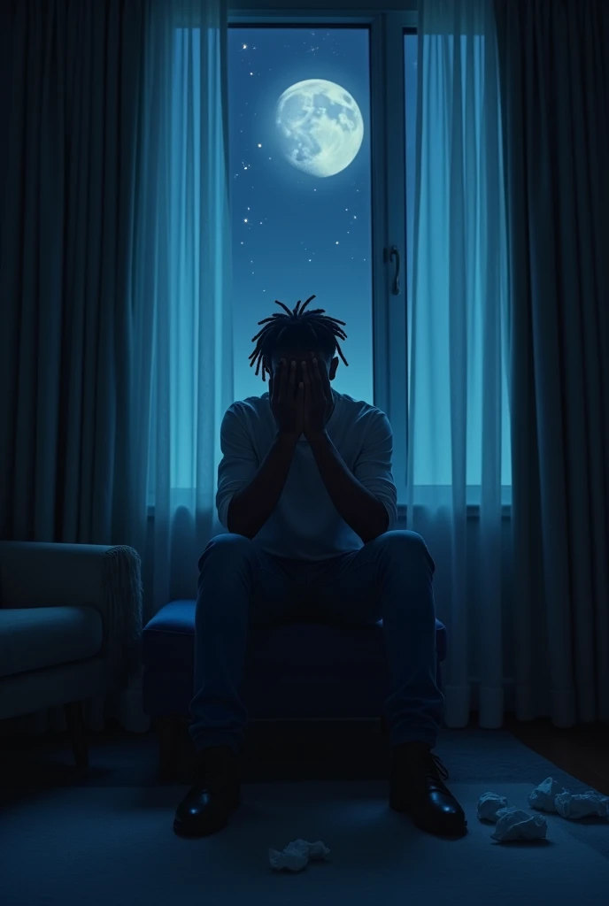Create realistic images of a hotel window at night with the moon and stars shining and a young 20 year old man with brown skin and hair in twist locks with his hands covering his face as if he is crying. sitting by the window