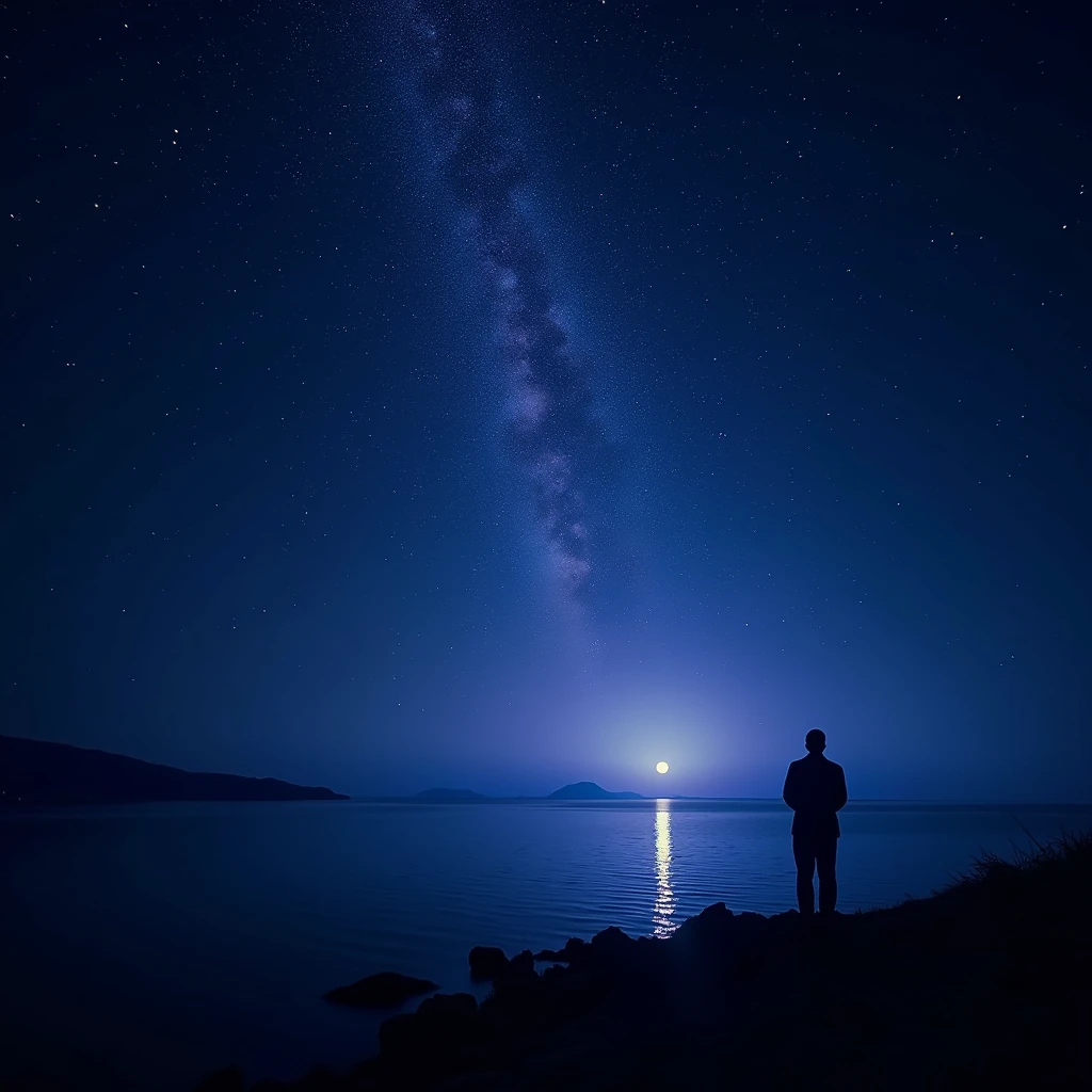 starlit night, shimmering stardust, dramatic lighting, deep blue and purple tones, (best quality,4k,8k,highres,masterpiece:1.2),ultra-detailed,(realistic,photorealistic,photo-realistic:1.37),cinematic composition, dramatic chiaroscuro lighting, moody atmosphere, intricate star patterns, ethereal beauty, mystical ambience