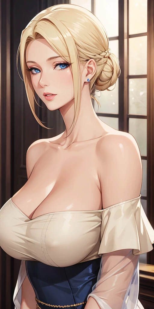 Elegant mature female, blue eyes, blonde hair, off shoulder outfit, soft light, 4k resolution, high quality, beautiful cg