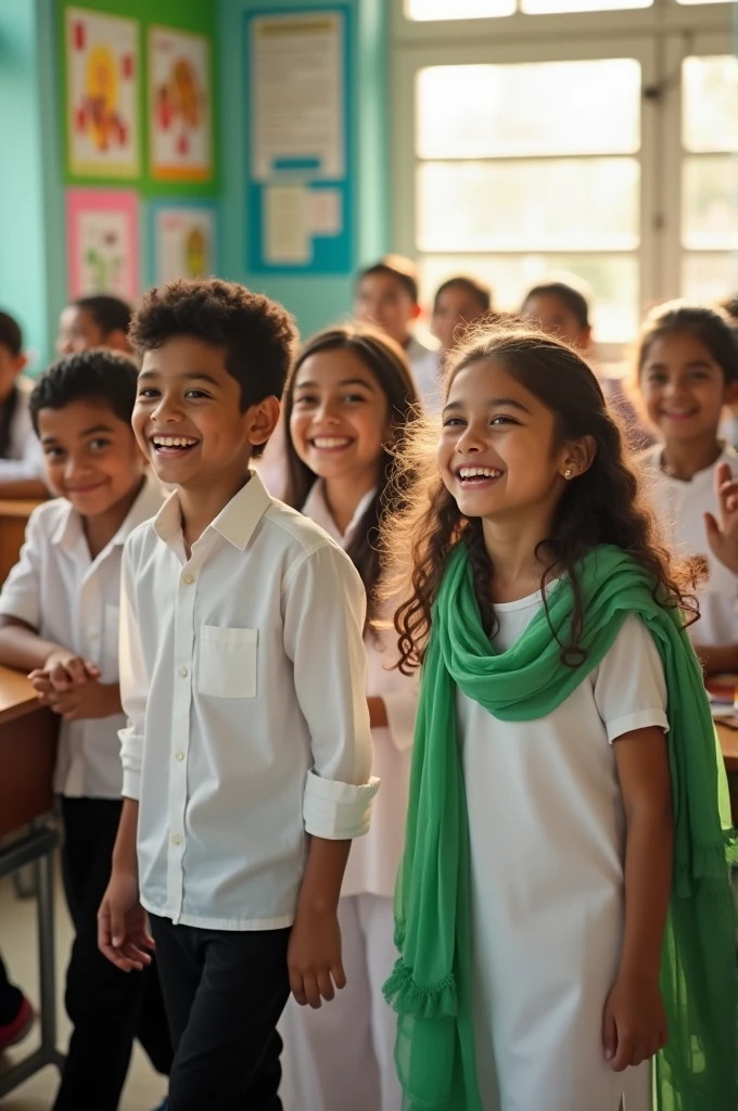 A class room with many students uniform color is boys white shirt and black pants and girls white kurti and white pants and green dupatta and everyone smiling