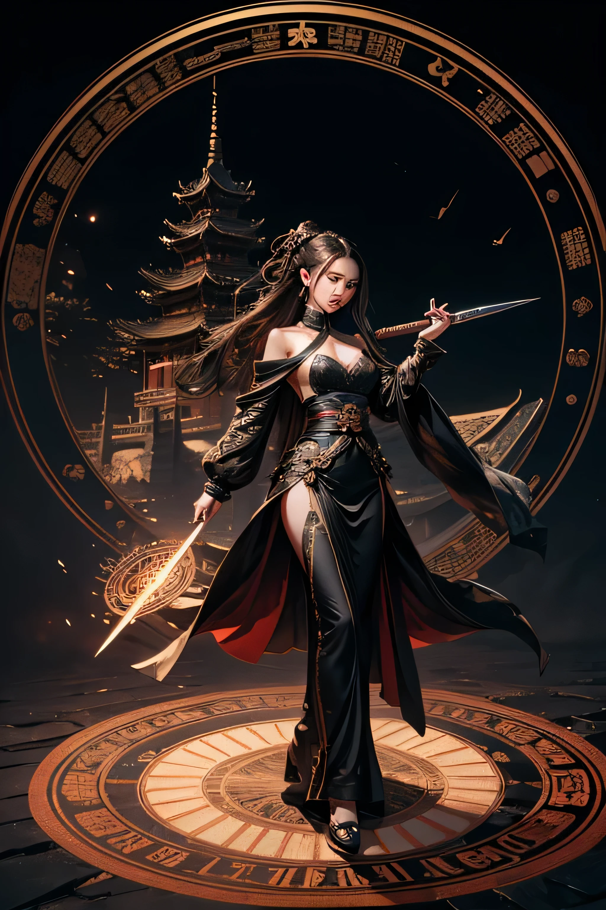 best quality,masterpiece,ultra high resolution,(photorealestic:1.4),xiuxian,weapon,detailed face,, 1 girl,alone,weapon,Decollete,(Magic Circle:1.2),xiuxian,upper body,Beautiful girl,Full body,east asian architecture,coat,architecture,