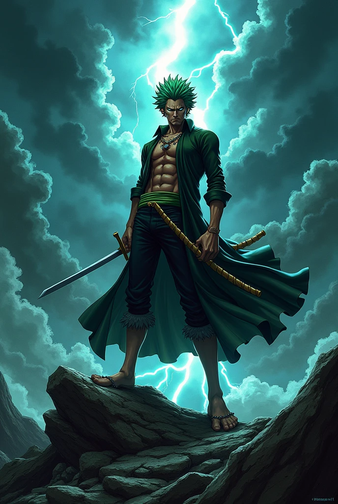 This art needs to be in anime style, One Piece style. A male teenager with tanned skin and well-muscled is wearing an open Navy coat. He has a tattoo on his chest, which is a skull with horns, two swords on either side and black roses. He is wearing brown pants with a belt with a skull buckle, and boots. He is holding a fire sword in his right hand and an ice sword in his left hand. He has huge demon horns, demon wings that are bigger than his own body, and a long, sharp tail. He is on a pirate ship. He is also giving a great smile. His eyes are yellow and on his head, a green fire crown is floating.