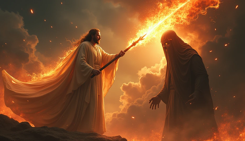 Prophet with spear of fire fighting one-eyed man dajjal