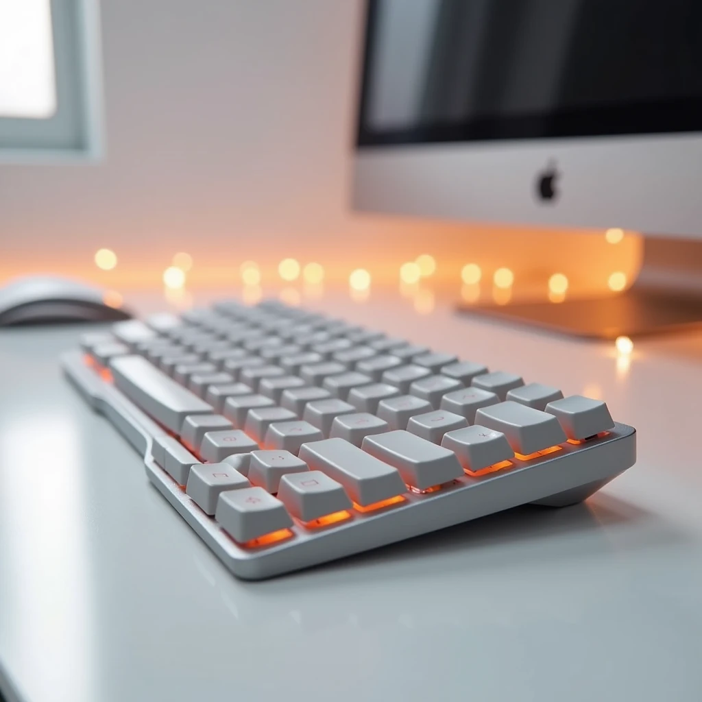 Image of a high quality keyboard that looks amazing, blurred background, white background, soft orange lights behind.