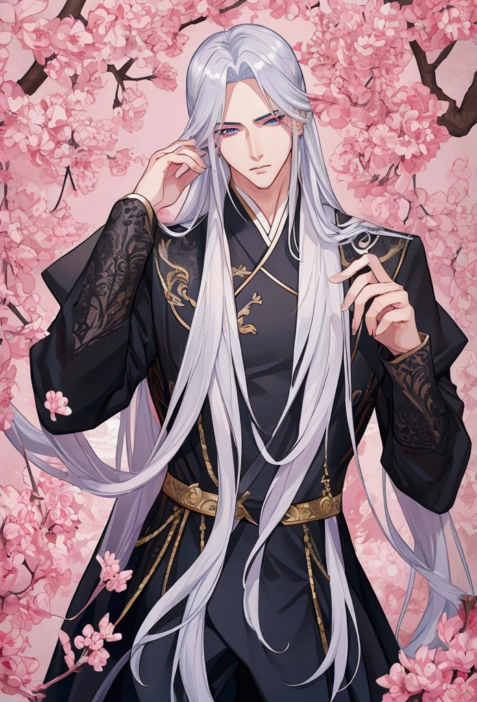 1 man, Manhua style, long silver hair, super handsome face, nam thần cổ trang, wearing black costume, nhìn thẳng, one blue eye and one pink eye.