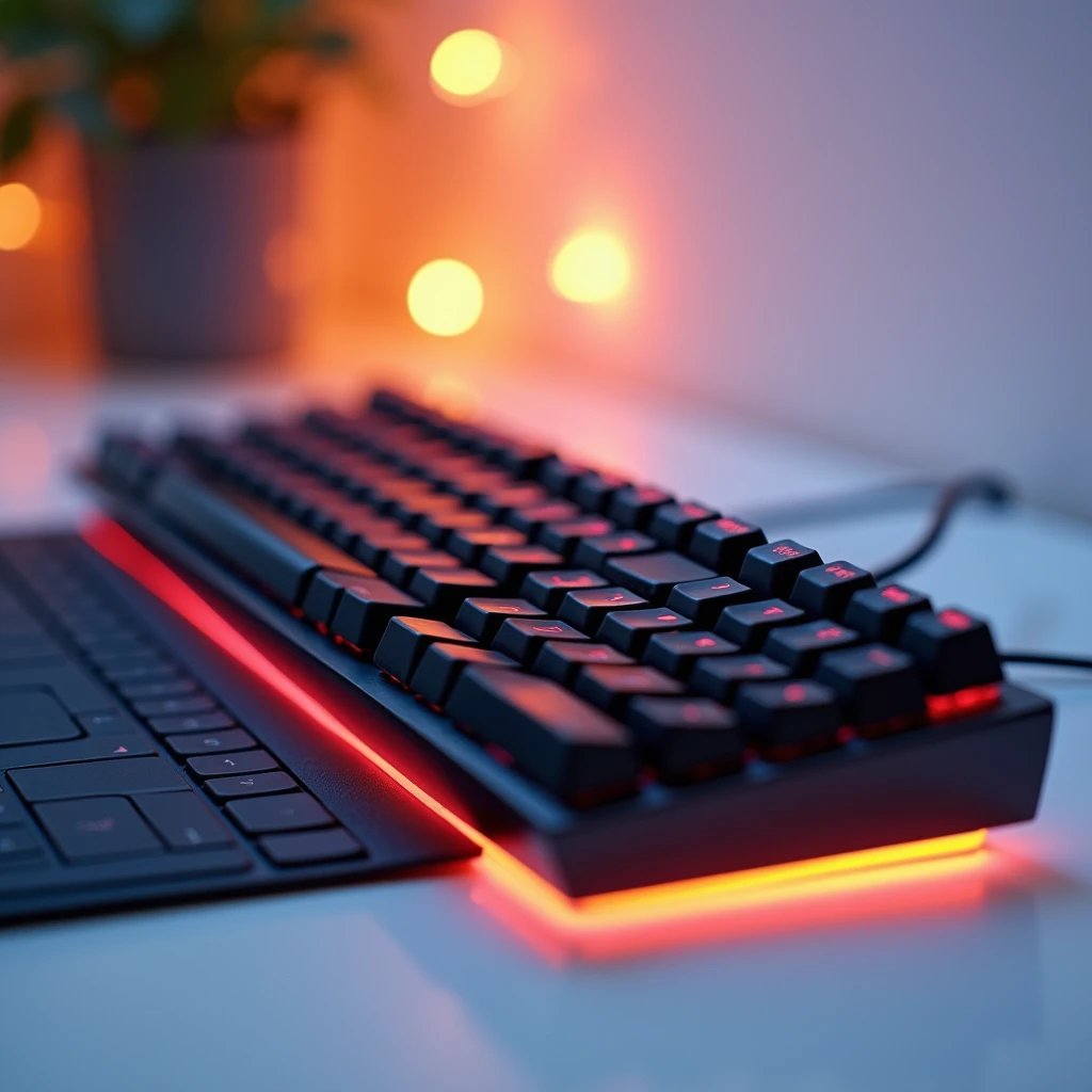Image of a high quality keyboard that looks amazing, blurred background, white background, soft orange lights behind.