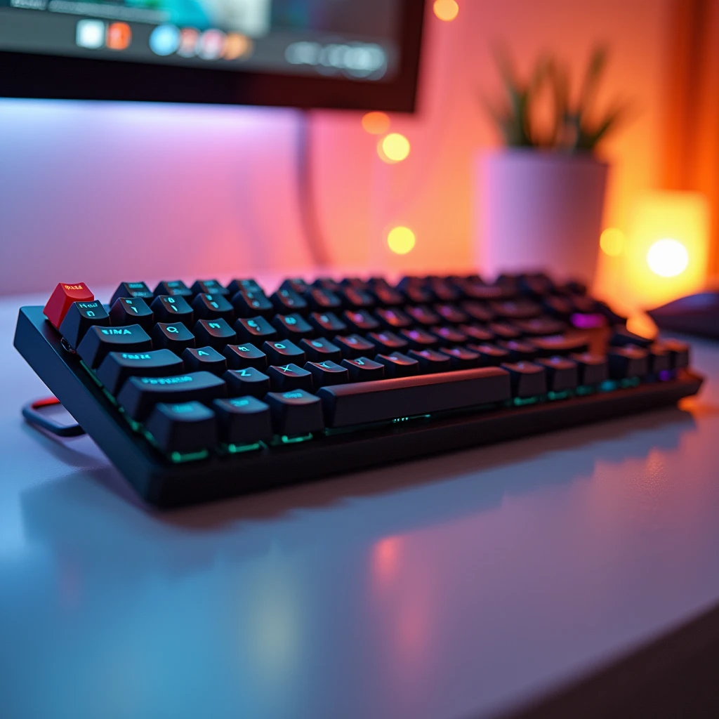 Image of a high quality keyboard that looks amazing, blurred background, white background, soft orange lights behind.