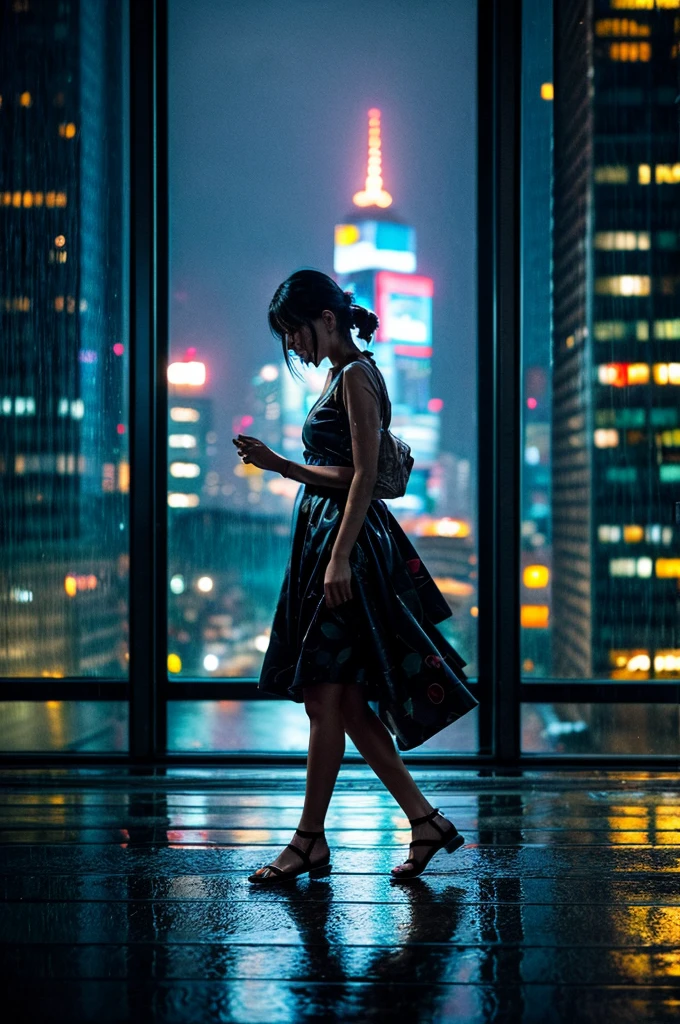 A cinematic scene capturing an 18-year-old Japanese girl with semi-long platinum white hair walking across the rooftop of a high-rise building in Tokyo on a rainy night. The rain pours heavily, drenching her traditional sky-blue yukata adorned with delicate white rabbit prints, which clings to her figure, adding a sense of vulnerability. Her hair, soaked and sticking to her face, contrasts starkly with the dark, stormy sky. She strides confidently, her sandals clacking softly against the wet rooftop tiles, with the city lights glowing faintly through the heavy rain in the background. The rooftop, slick with rainwater, reflects the vibrant yet subdued neon lights of the distant cityscape. The scene captures a moment of introspection as she pauses, looking out over the edge, her eyes filled with a mix of melancholy and determination. The atmosphere is thick with the sound of rain and the distant hum of the city below, creating a mysterious and hauntingly beautiful contrast between the ancient elegance of her attire and the modern urban jungle that surrounds her. The image is stylized to mimic a machine-made street photograph, with a 120mm film effect that emphasizes dynamic, harsh lighting and realistic chiaroscuro, adding a layer of depth and texture to the scene