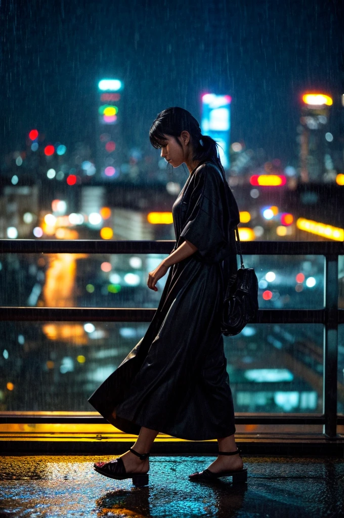 A cinematic scene capturing an 18-year-old Japanese girl with semi-long platinum white hair walking across the rooftop of a high-rise building in Tokyo on a rainy night. The rain pours heavily, drenching her traditional sky-blue yukata adorned with delicate white rabbit prints, which clings to her figure, adding a sense of vulnerability. Her hair, soaked and sticking to her face, contrasts starkly with the dark, stormy sky. She strides confidently, her sandals clacking softly against the wet rooftop tiles, with the city lights glowing faintly through the heavy rain in the background. The rooftop, slick with rainwater, reflects the vibrant yet subdued neon lights of the distant cityscape. The scene captures a moment of introspection as she pauses, looking out over the edge, her eyes filled with a mix of melancholy and determination. The atmosphere is thick with the sound of rain and the distant hum of the city below, creating a mysterious and hauntingly beautiful contrast between the ancient elegance of her attire and the modern urban jungle that surrounds her. The image is stylized to mimic a machine-made street photograph, with a 120mm film effect that emphasizes dynamic, harsh lighting and realistic chiaroscuro, adding a layer of depth and texture to the scene